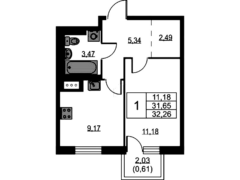 1-комнатная квартира 32.26 м², 3/9 эт., ЖК «Квартал Лаголово»